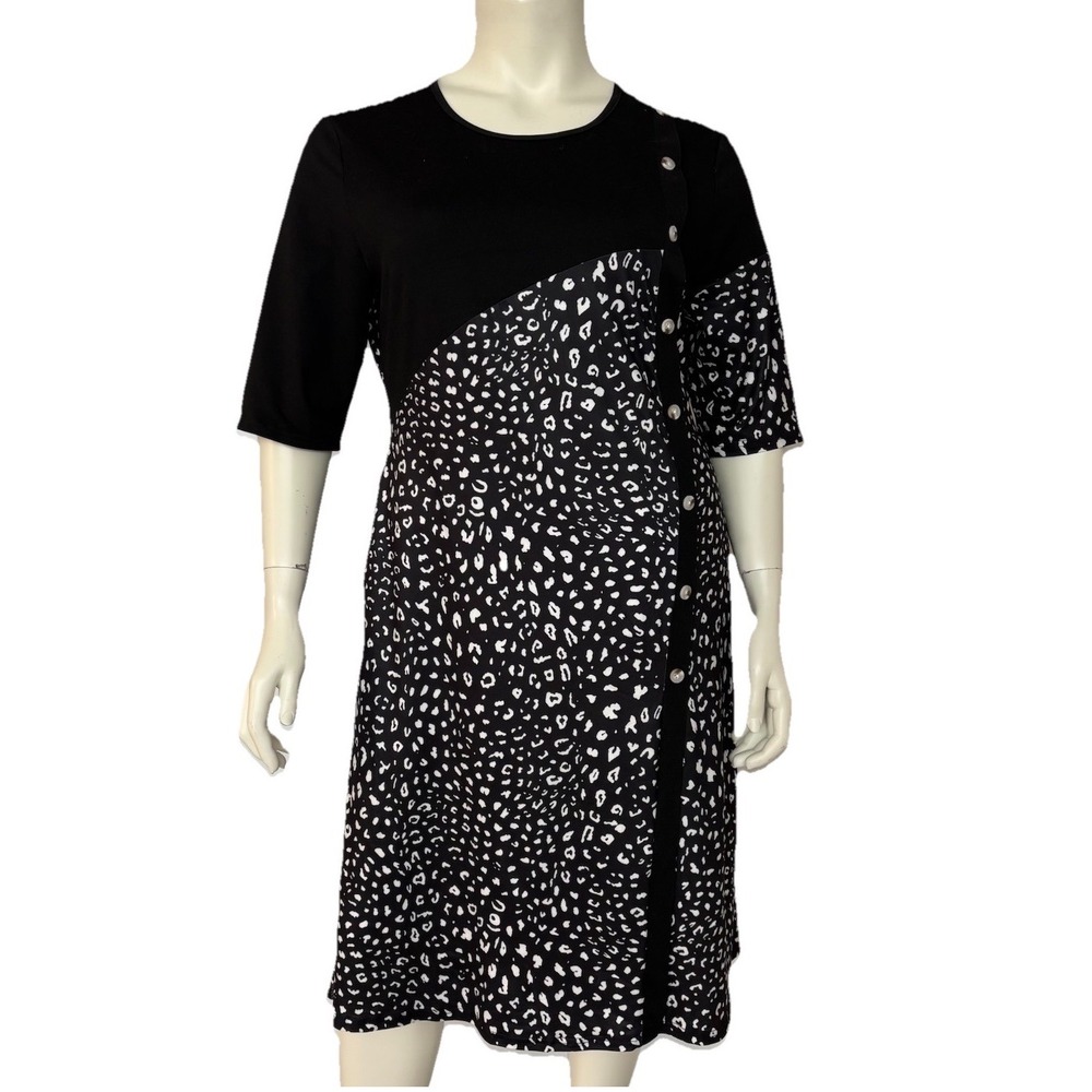 Black White Animal Print Midi Dress Stretch Knit Asymmetrical Buttons Chic XL